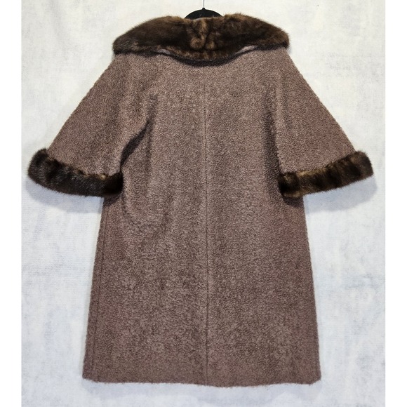 Vtg Swing Coat L /  12 / 14 Wool Capelet Cape Mink Fur 50s 60s Brown Boucle - Picture 4 of 9